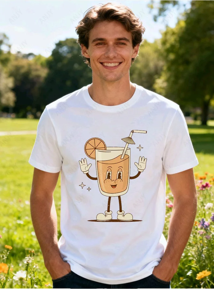 American Retro Cartoon Fun Personification Fruit Flavored Milk Box Fruity Milk Cotton T-shirt Suitable for Men and Women To Wear