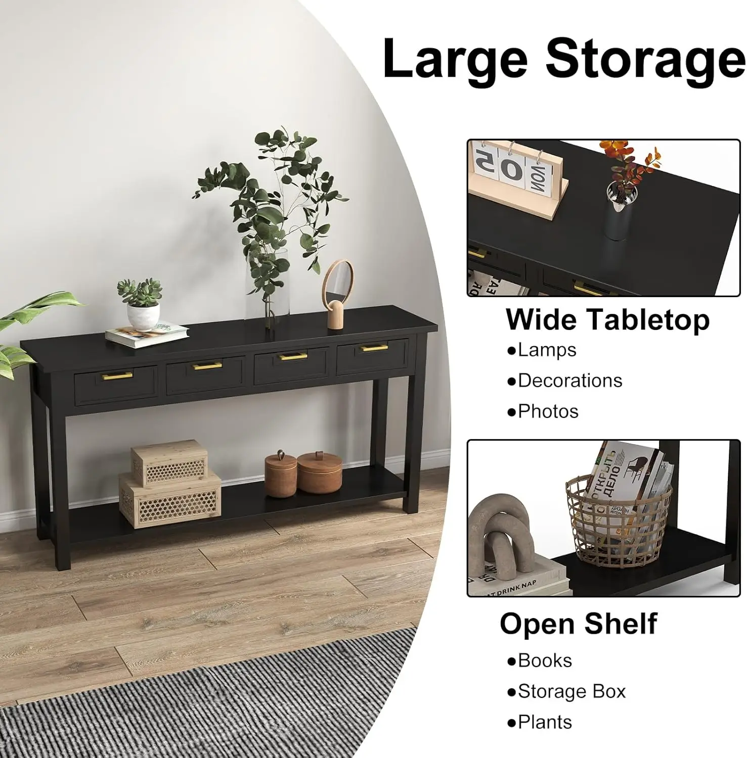 Black Entryway Table 60 Inch - Console Table With 4 Drawers And Open Storage Shelf, Narrow Long Sofa Table For Living Room