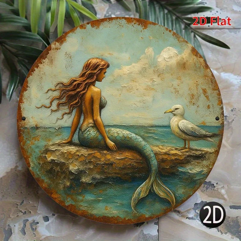 2D Flat, 1pc Mermaid and Seagull Round Metal Wall Art - Vintage-Inspired Iron Sign for Home, Garden, Shop, or Farm Decor, Coasta