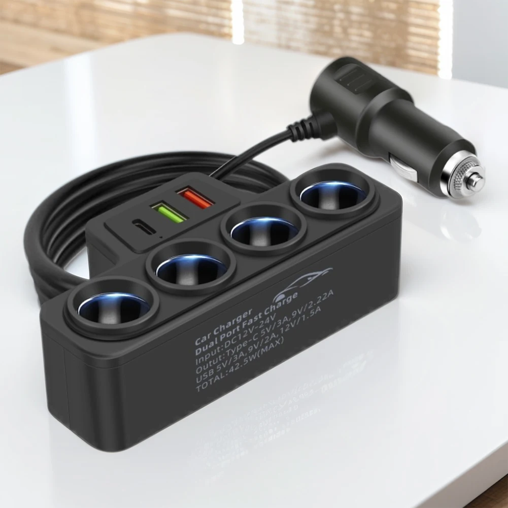 

12V-24V Car Cigarette Lighter Adapter QC3.0+PD 3.1A 3 USB Ports 4-Socket 120W Phone Power Adapter Fast Charger Plug