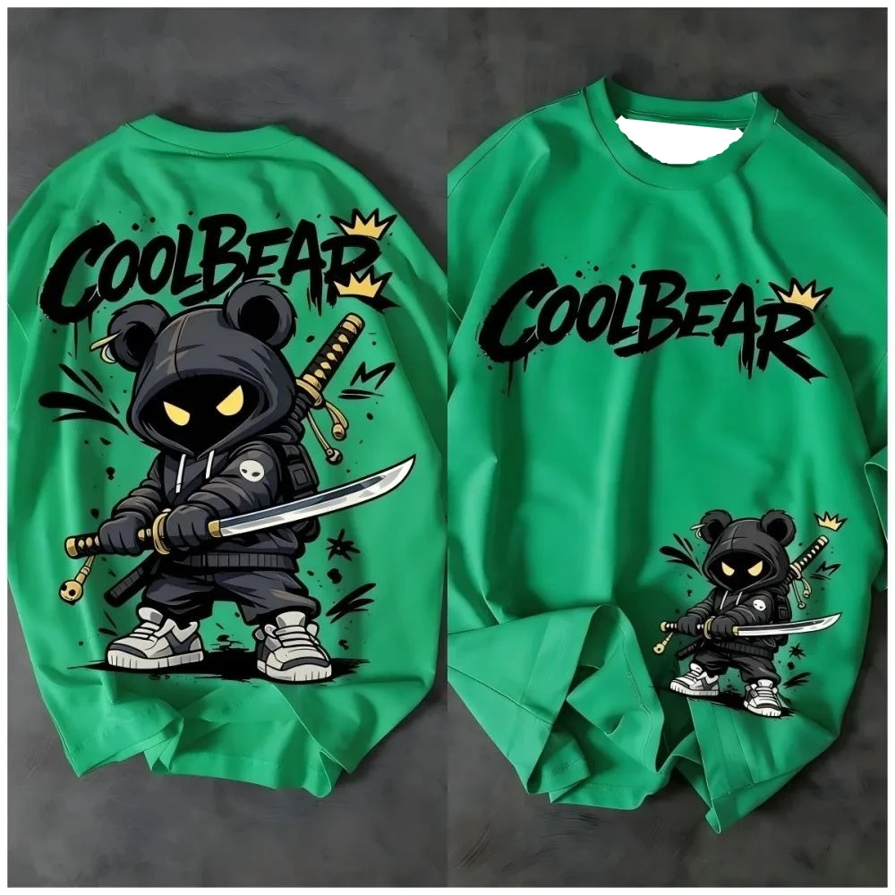 New Cool Bear Ninja Samurai Graphic T‑shirt Hip Hop Street Wear Cartoon Bear Printed Short Sleeve Loose Casual Tees for Unisex