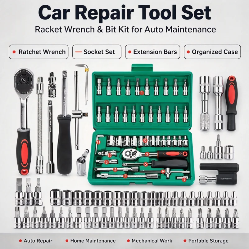46Pcs 1/4 Inch Ratchet Wrench Socket Set, Metric Hex Bit Mechanic Tool Kit, for Auto Repair and Household Maintenance