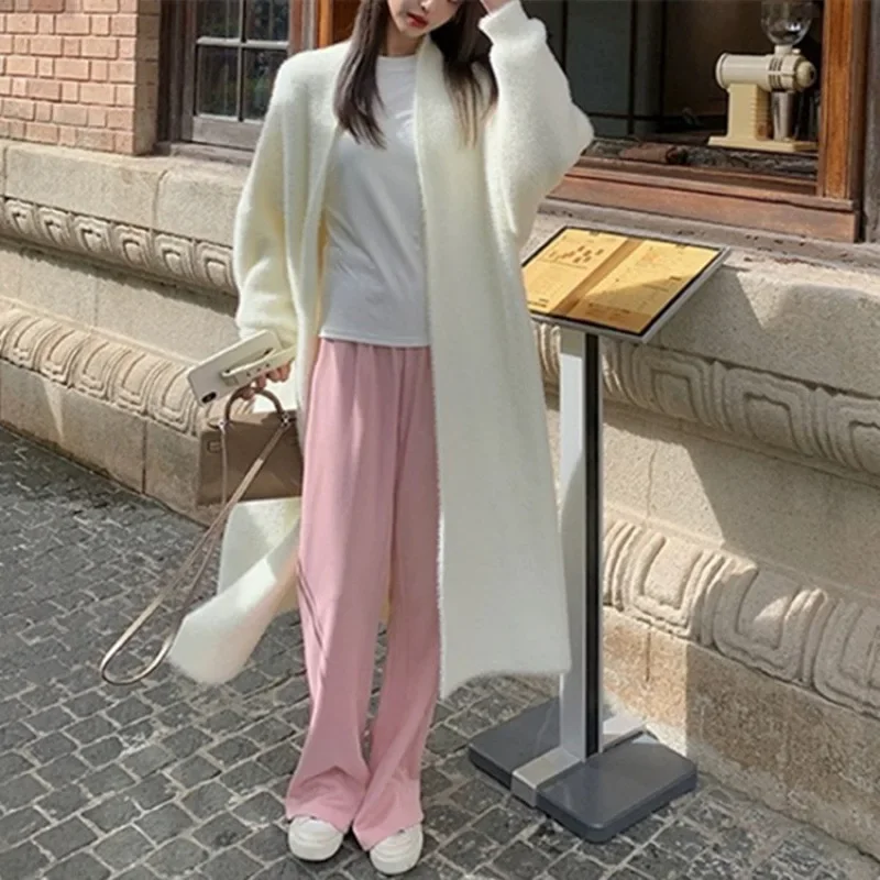 

Autumn/Winter White Mink Plus Size Medium-Length Knit Jacket Women's Loose-Fit Thick Knit Sweater Cardigan V-Neck Idle Style