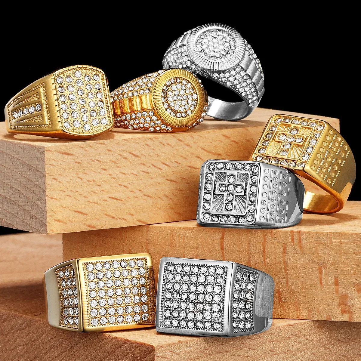 

Luxury Gemstone Hip Hop Cross Men Rings Stainless Steel Women Fashion Jewelry Punk Trendy Luxury Accessories Gift Wholesale