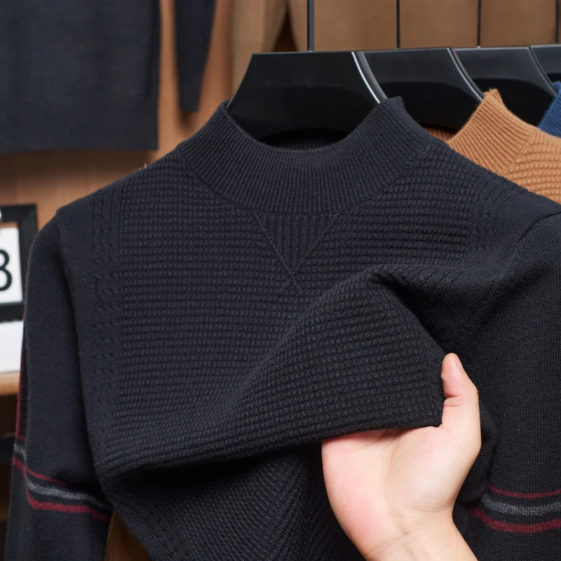 Luxury Man Waffle Long Sleeves Knit T-Shirt Korean-Style Autumn Winter New Round Neck Pullover Fashion Versatile Men's Clothing