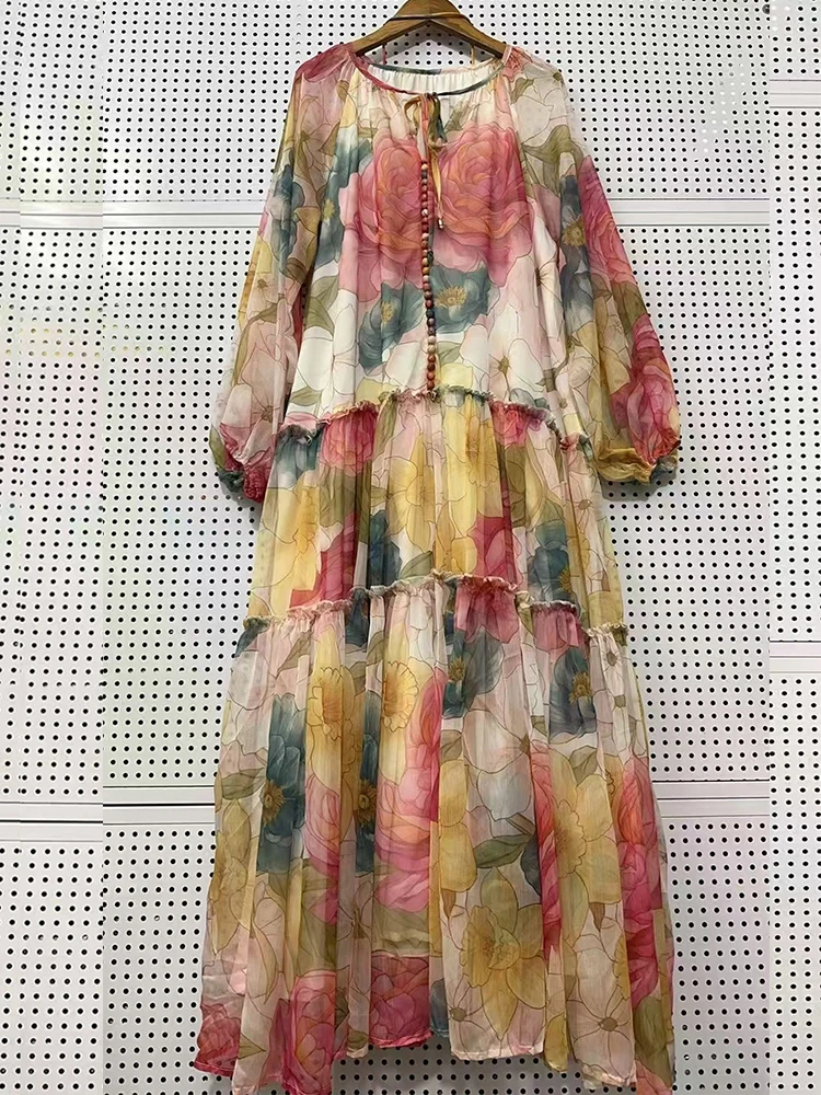 

Fashion neckline with lantern sleeves and wooden ears swinging long A-line skirt spring and summer new waist loose print dress