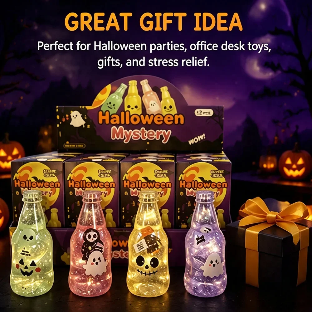 Halloween Mystery Blind Box Glowing Beer Bottle Squishy Toy with Gold Powder & Ghost Figure, Slow