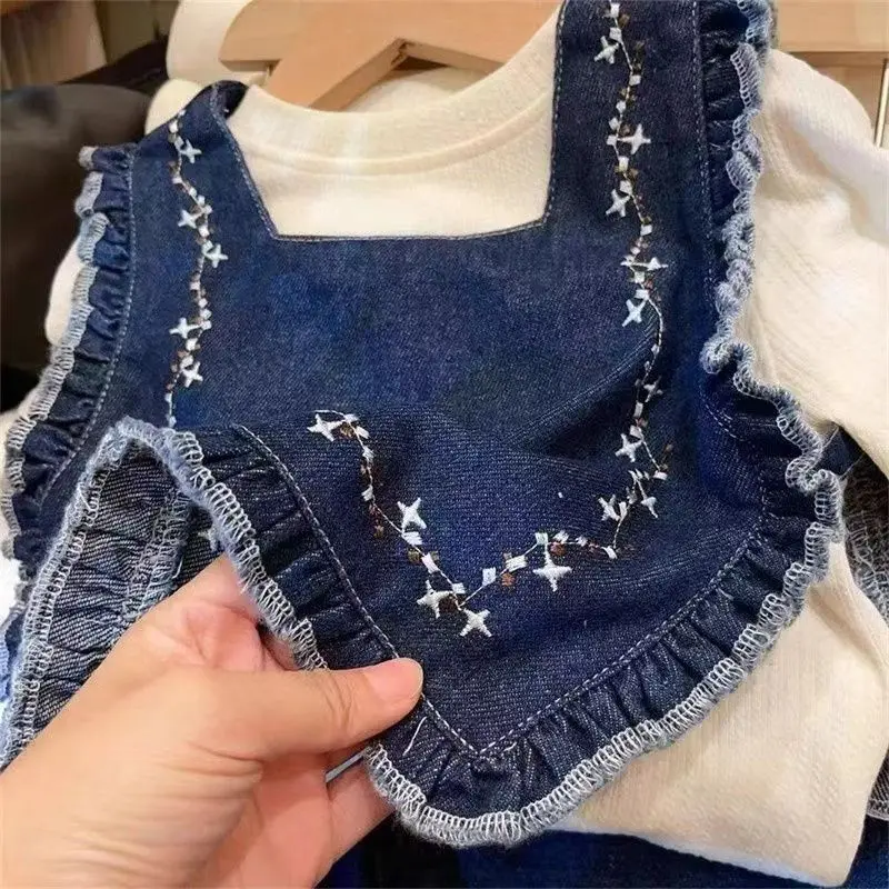 

2026 Western Spring and Autumn New Korean Edition Girls' Long sleeved Bottom Shirt Cowboy Vest 3-Piece Set for Baby Girls