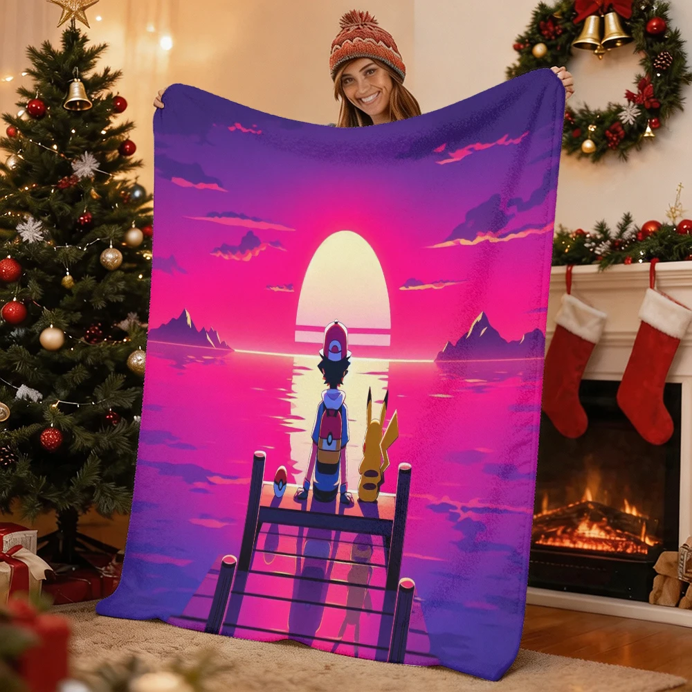 Pokemon Ash Pikachu Sunset Lakeside Anime Print Flannel Throw Blanket Soft Warm Blanket for Sofa Bed Home Decor