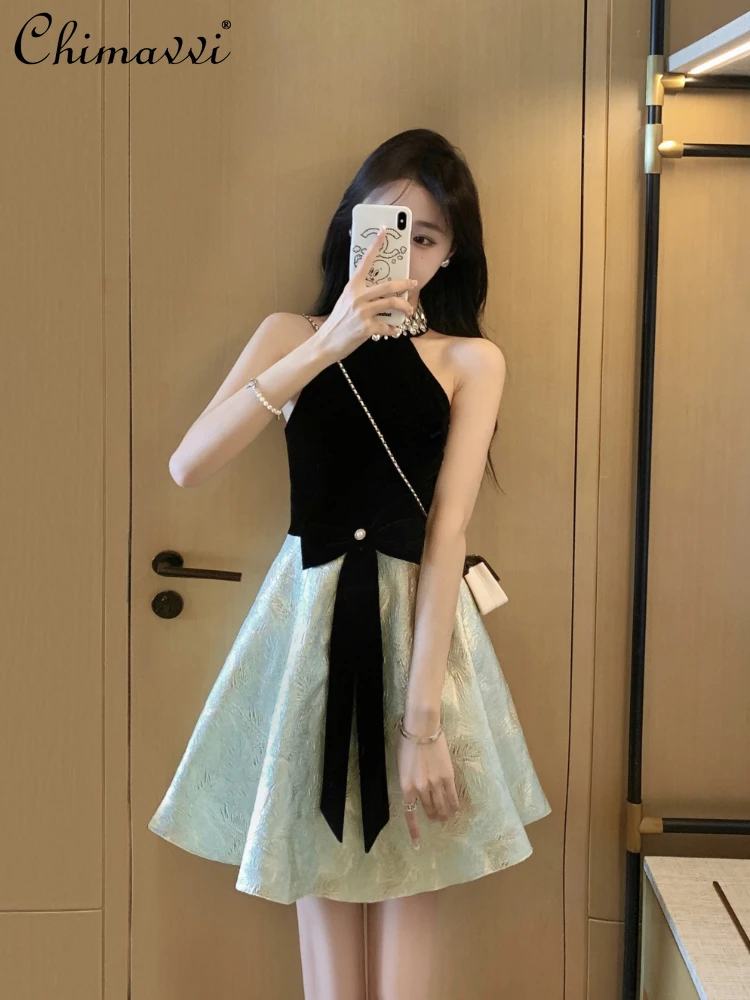 

French Elegant Socialite Halter Dress Women Summer 2024 Sexy Sleeveless Off Shoulder High Waist Bow A-Line Slim Fit Short Dress