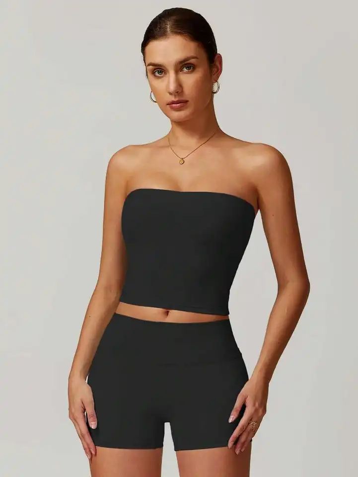 Womens Strapless Crop Top and High Waist Shorts Set
