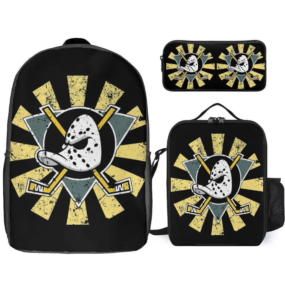 

3 in 1 Set 17 Inch Backpack Lunch Bag Pen Bag Mighty Ducks Ice Hockey 18 Firm Novelty Cozy Summer Camps Lunch Tote