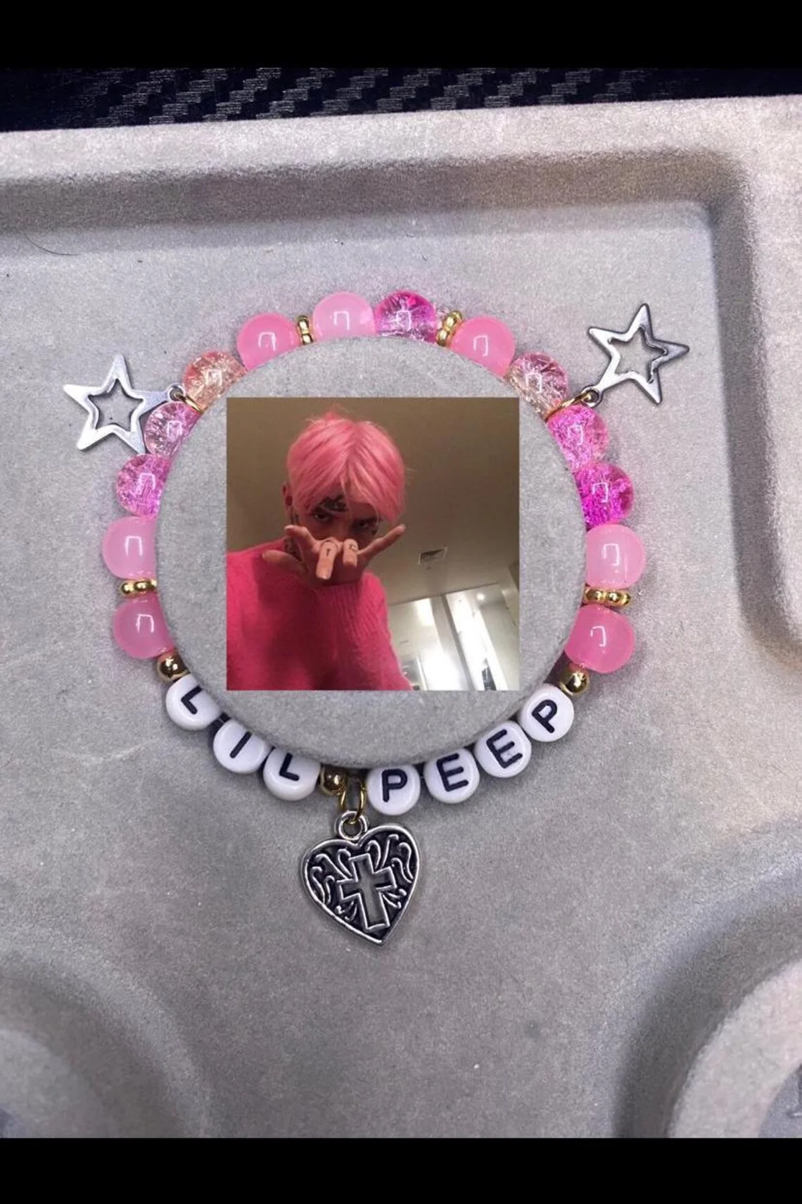 

handmade lil peep inspired bracelet with y2k charms stars and vintage cross