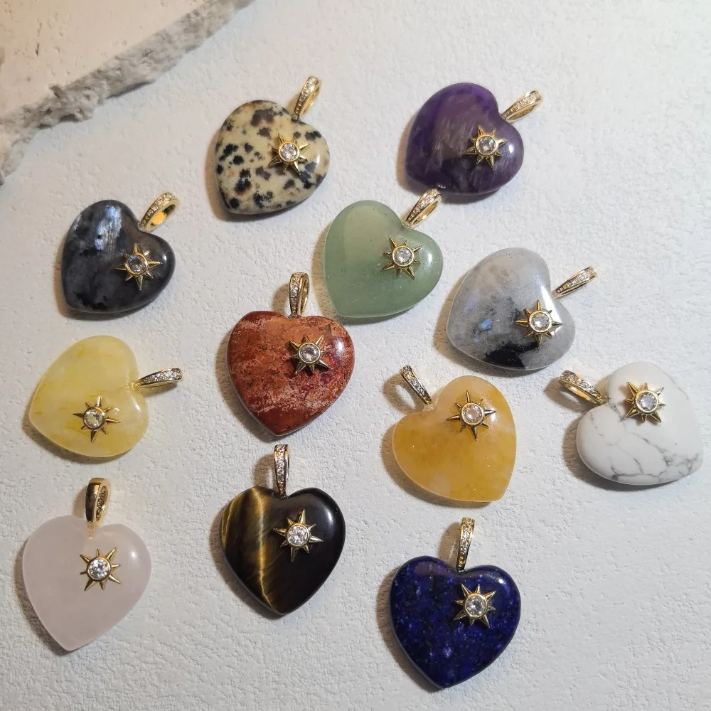 Natural stone heart-shaped copper-plated six-pointed star patch heart-shaped crystal agate high-end design pendant 1pc