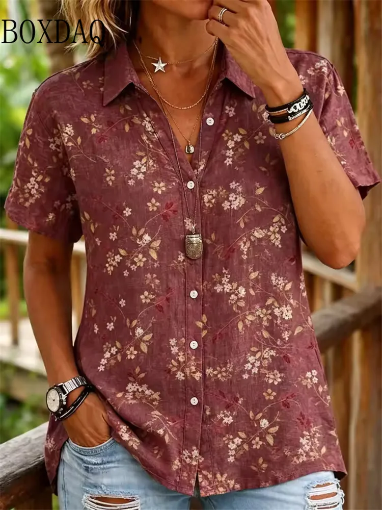 New Women's Summer Blouse Casual Button Short Sleeved Lapel Flower Print Loose Shirts