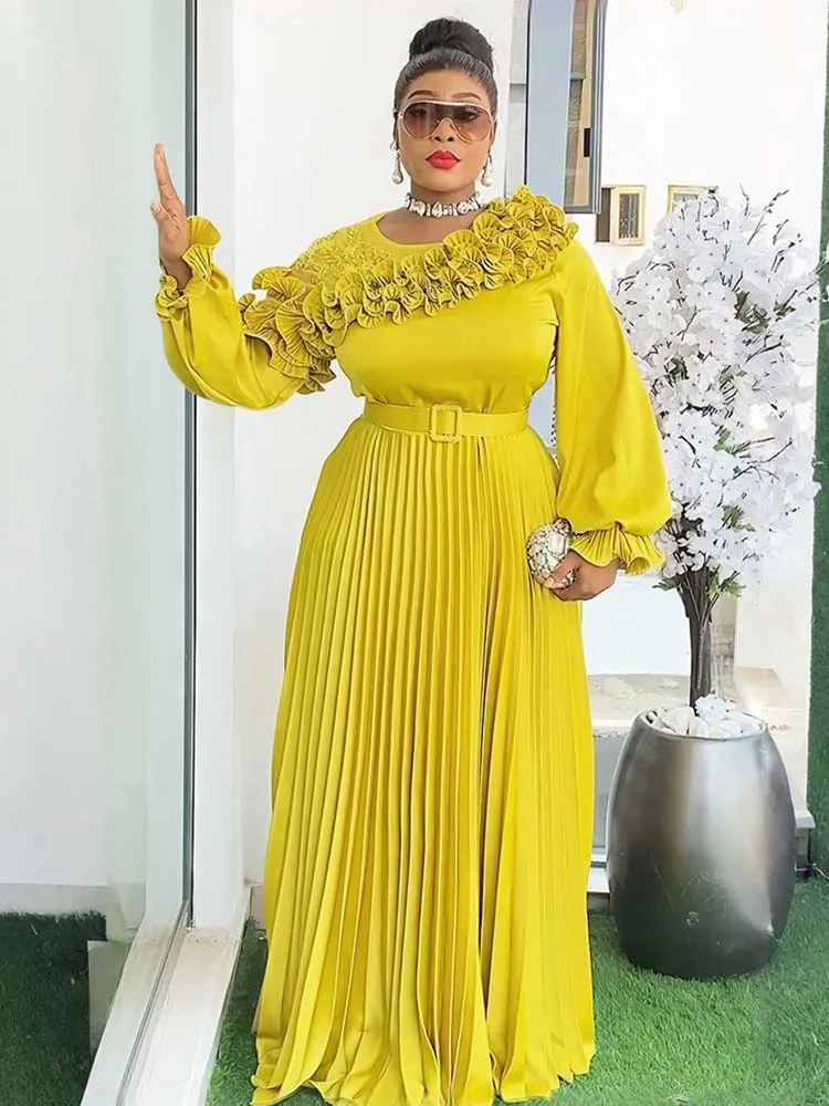 Ropa de otoño para mujer, vestido Maxi de manga larga con cinturón, vestido plisado elegante y elegante para noche y cumpleaños, vestido de fiesta de talla grande