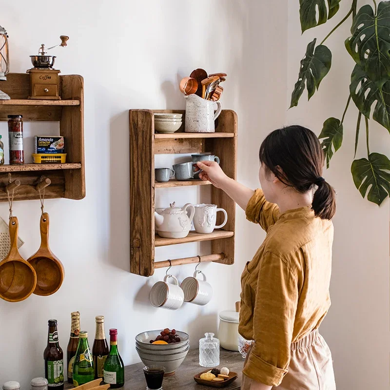 Natural old wood wall cabinet, rackhanging cabinet, storage, living room kitchen, multi-functional hanger, retro display cabinet