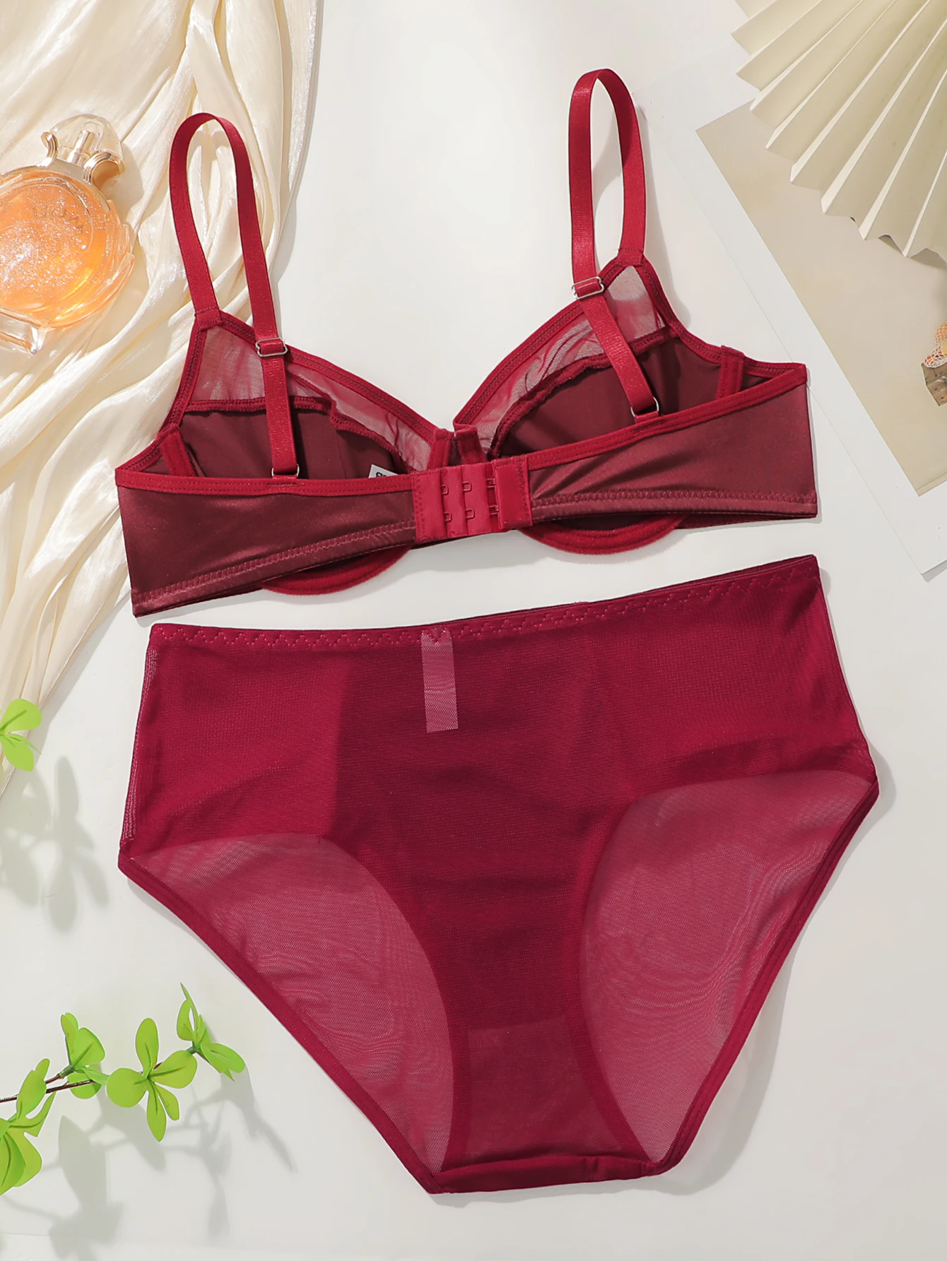 Women Satin Mesh Bra Set Underwire Thin Cup Burgundy Sexy Lingerie Set Luxury Bridal Intimates 2 Pieces Bra And Panty Suit 3057