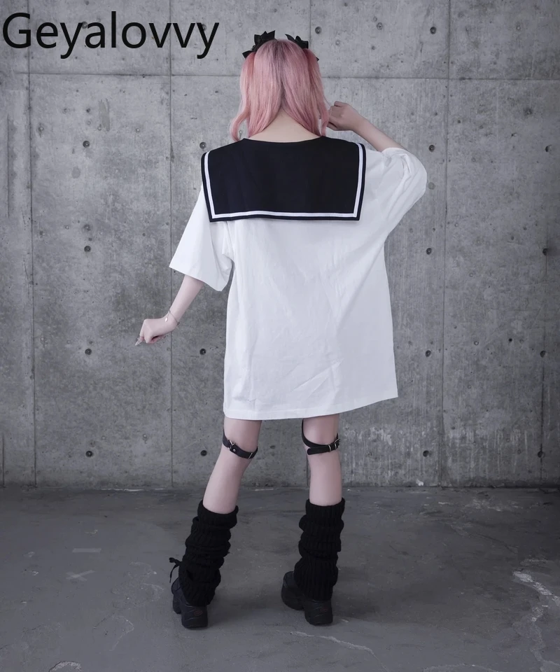 Japanese Harajuku Style Cartoon Print Sailor Suit Summer Sweet Cute Girls Versatile Navy Collar Short Sleeve T-Shirt Dress