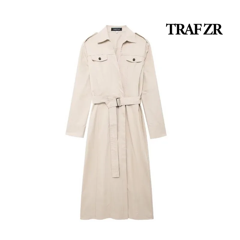 TRAF ZR Long Trench Coat Woman Korean Coats for Ladies Elegant Coats Woman Autumn 2024 Solid Basics Vintage Preppy Style Trench