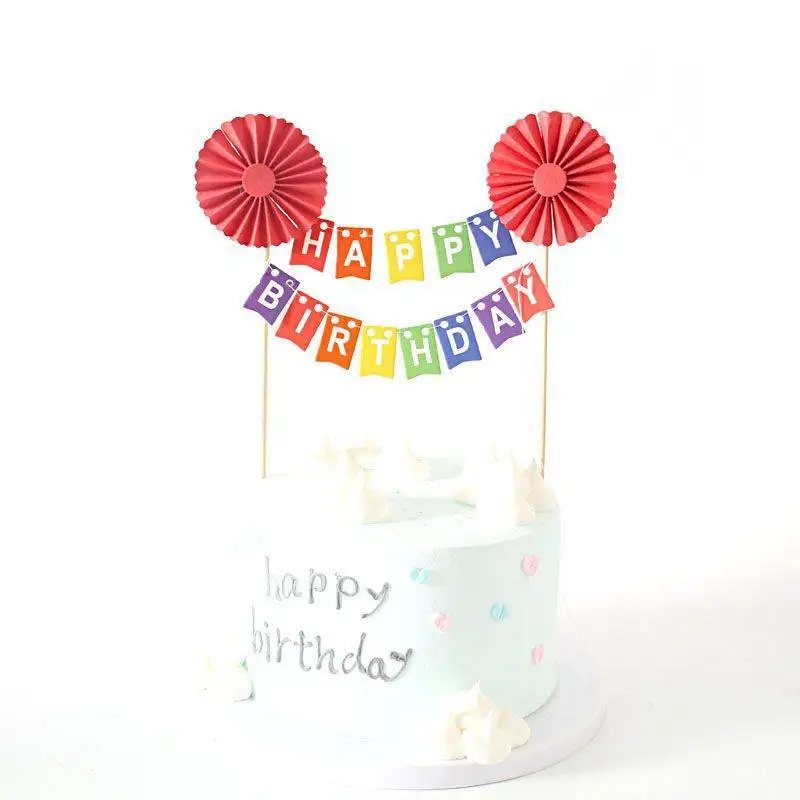 Neuer Happy Birthday Tortenaufsatz Kindergeschenk Dessert Bunte Ziehblumen-Flagge DIY Geburtstagstorten-Dekoration Baby-Shower – Detail 3