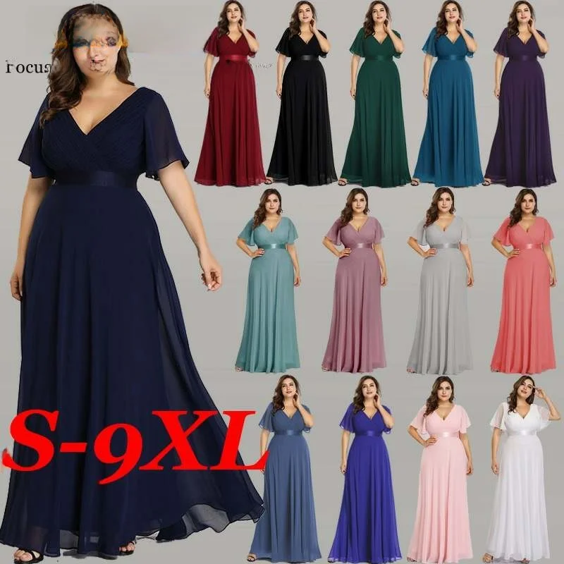 

plus Size Evening Gown Maid of Skirt Chiffon Year Conference Host Dr Princ Sle ort Sve V-Ne Loose Fit
