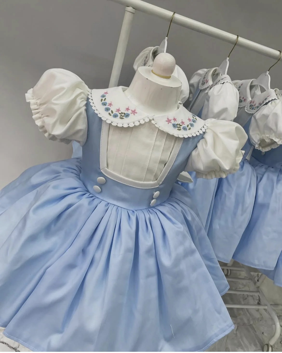 0-12Y Baby Girl Summer Flower Embroidery Blue Turkish Vintage Princess Ball Gown Dress for Birthday Holiday Eid Photography  B69