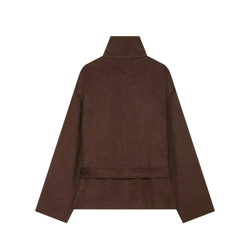NLZGMSJ Vintage Women's Autumn Winter Jacket Stand Collar Belt Woolen Coat Casual Streetwear Chic Lady Warm Outerwear