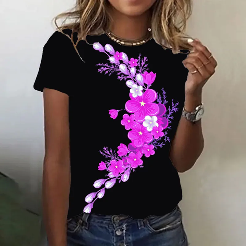 XS-8XLSummer Women's Floral Theme 3D Printed Painting Tee Shirts Round Neck Casual Female Daily Pullover New Design Elegant Tops