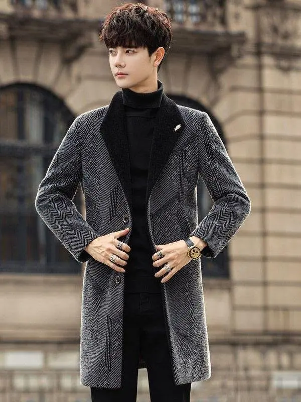 

Men's Woolen Coat Autumn Winter Thiened Slim Fit Mid-Length Korean Sle Faionable Outerwear with Fur Collar Warmth