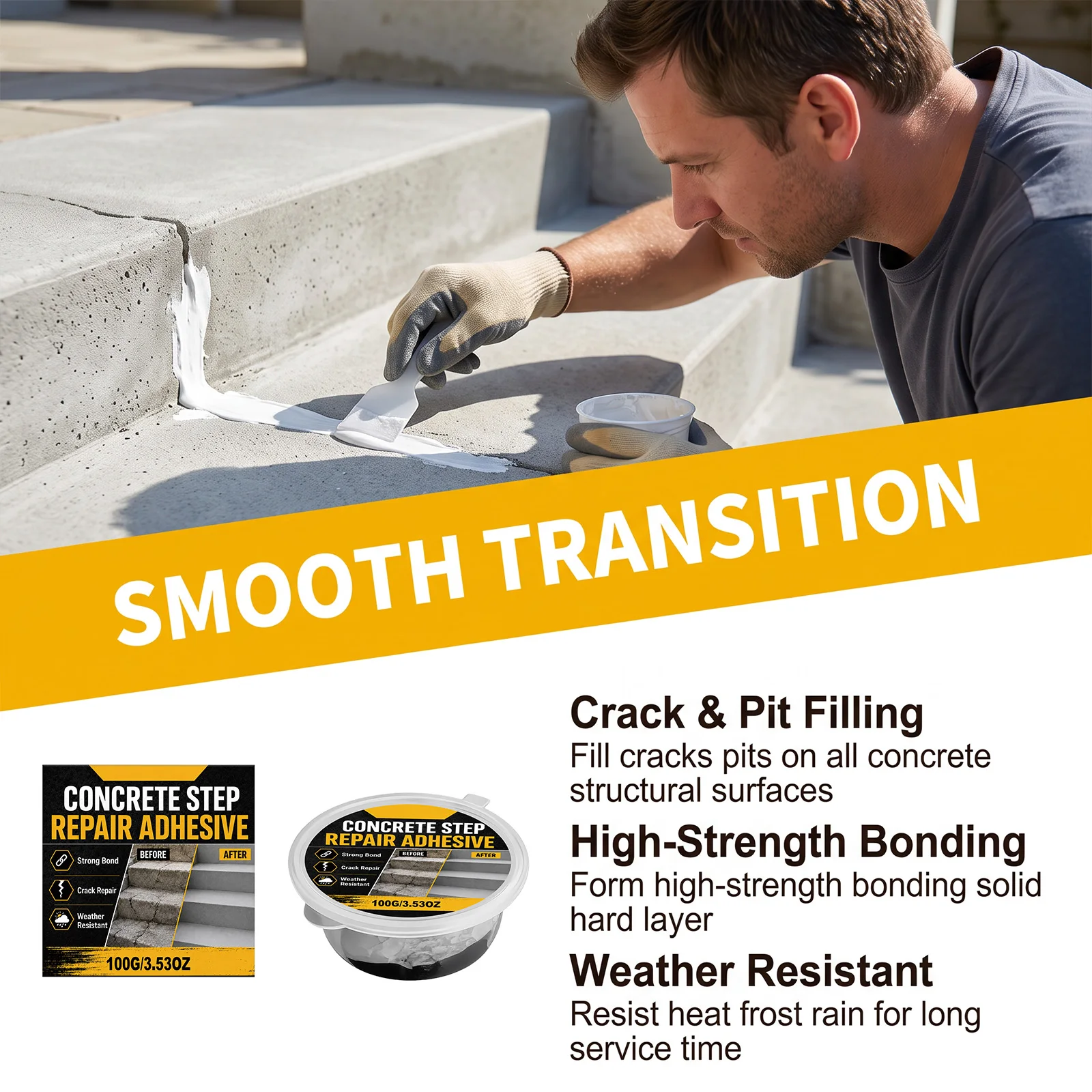 Concrete Repair for Stairs AB Epoxy Adhesive Waterproof Crack Filler Heavy Duty for Walkways Driveways DIY