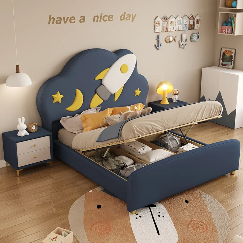 Children's bed boy rocket space cloud leather bed 1.5m solid wood drawer storage teen bedroom boy bed