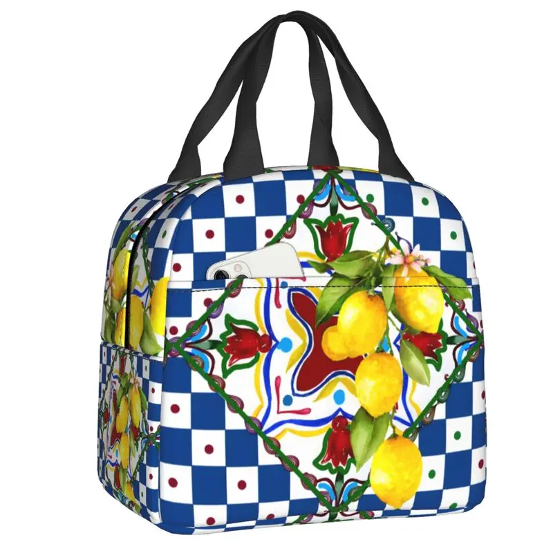 Custom Mediterranean Lemons Citrus Sicilian Tiles Lunch Box Women Thermal Cooler Food Insulated Lunch Bag Kids School Children