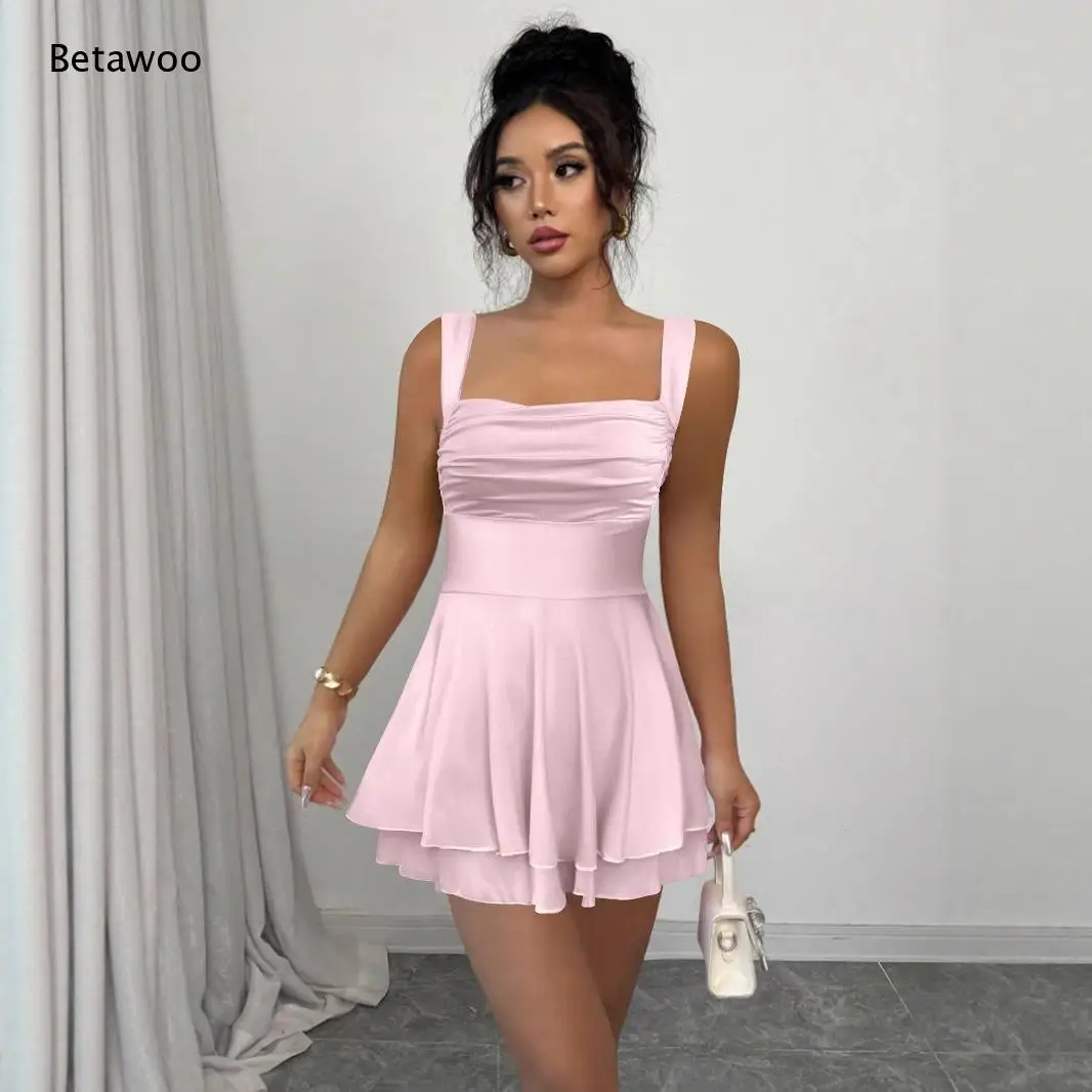 Women Square Wide Strap Ruched Waist Double Layer Ruffle Hem Mini Skater Dress for Summer Daily Outfit