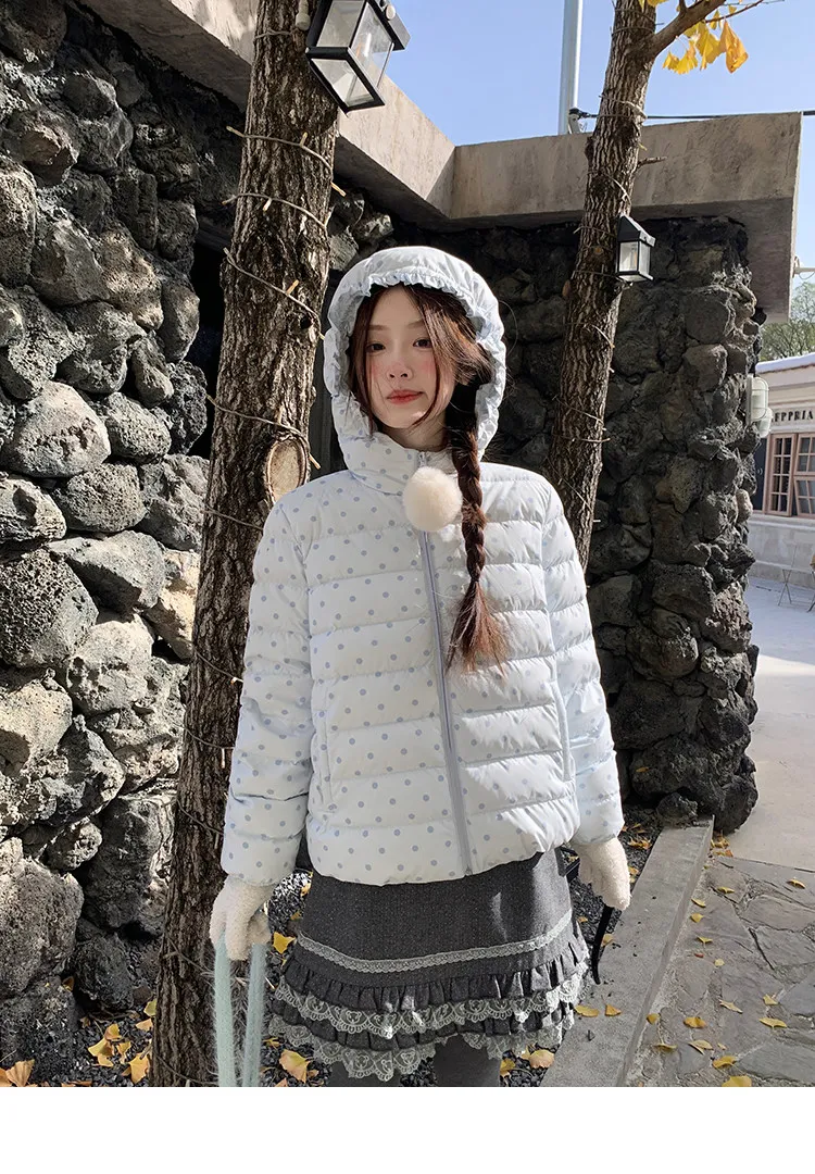 Korean Cropped Polka Dot Hooded Cotton-padded Jacket Women Zip Up Casual Winter Warm Outerwear Woman Sweet Cute Puffer Jackets