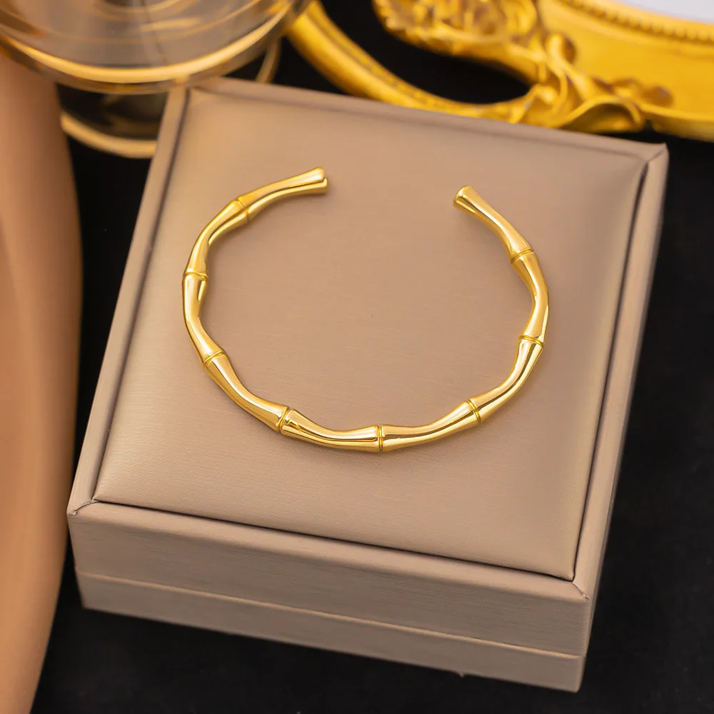 

Waterproof Metal Texture Stainless Steel Bamboo Cuff Bangle Bracelet Gold Plated Charm Fashion Jewelry Bijoux Femme