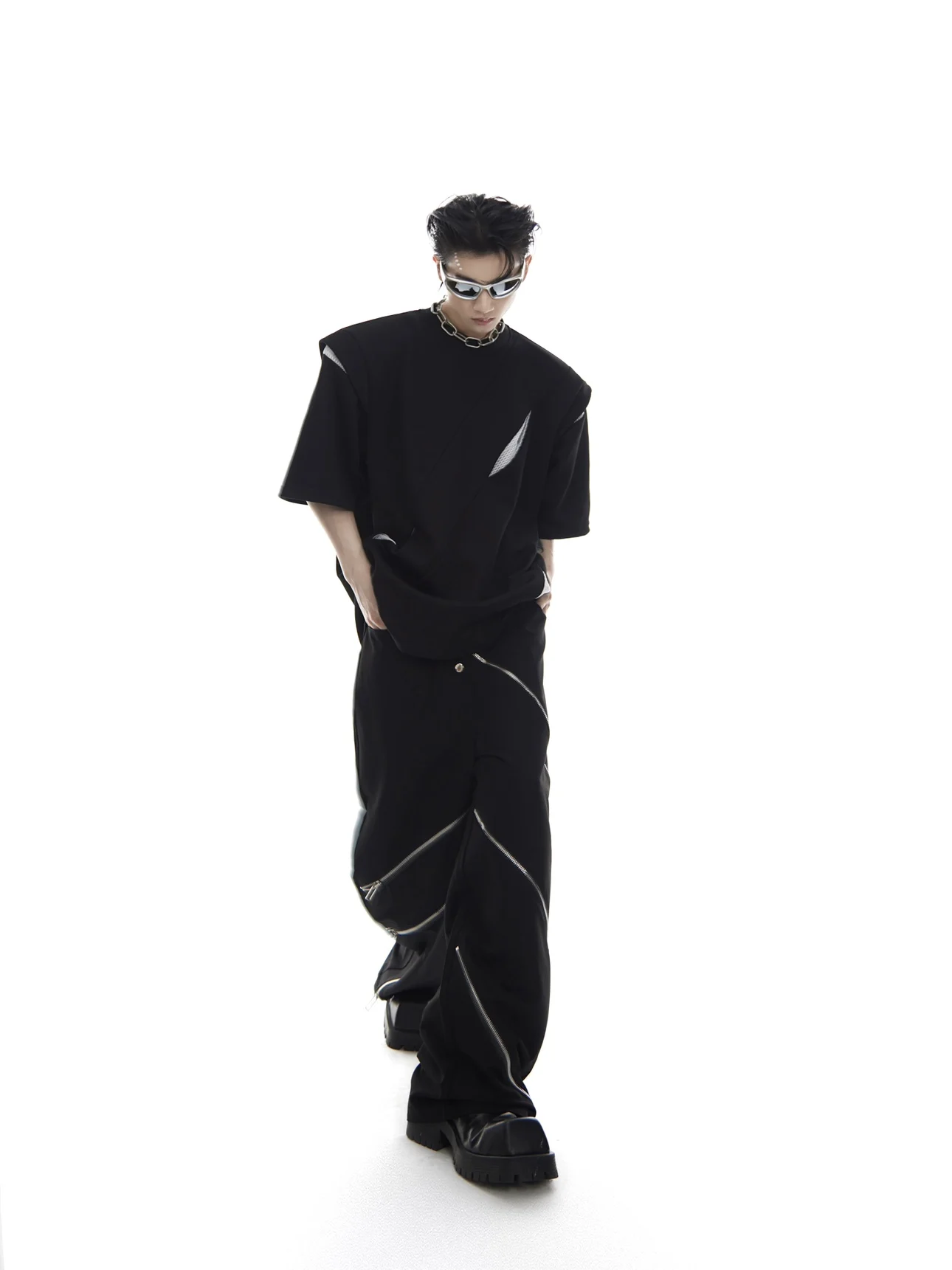 High Street Tees T Shirts Tops Summer Men's Split Shoulder Cushion Short Sleeve Splicing Design T-shirt High End Trend