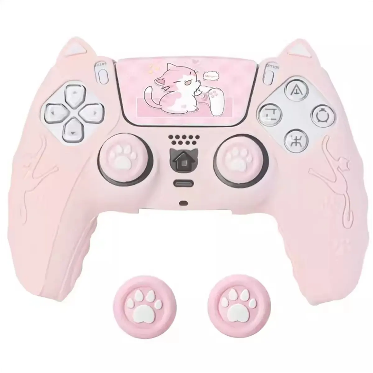【ELEVATE LIFE】Silicone Cartoon Theme Cat Ear Handle Protective Cover for Controller Protective Cover with Joystick Cap Pink