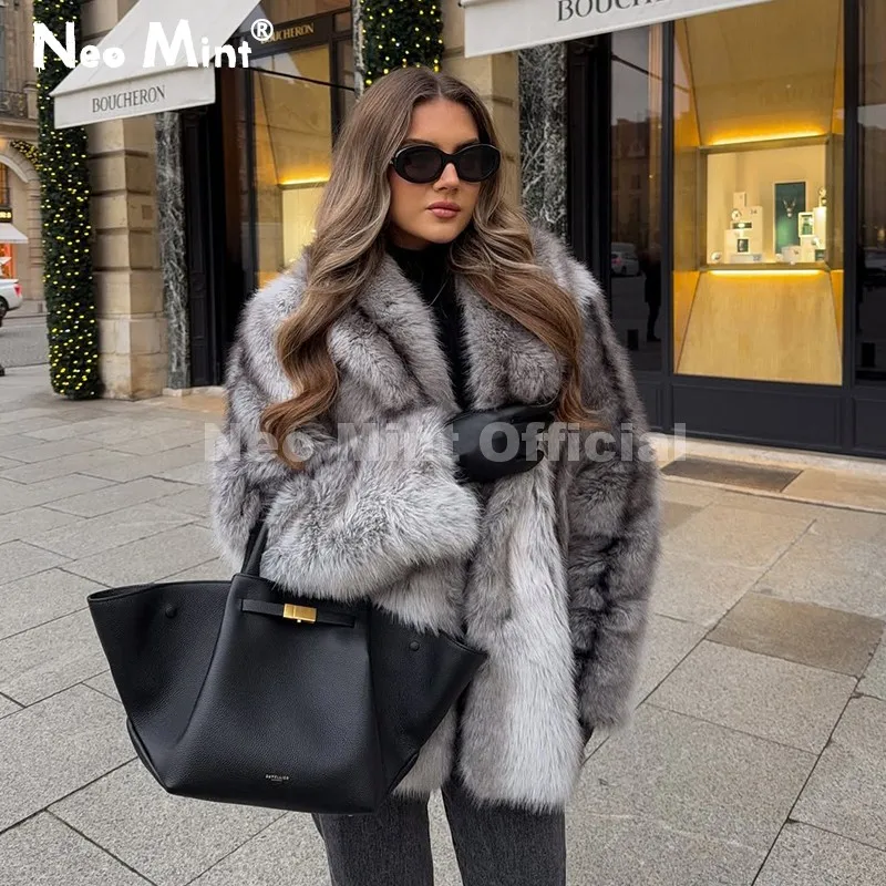 Neo Mint Brand Fashion 90s Vintage Retro Brown Striped Faux Fur Coat Women 2025 Winter Chic Scraf Collar Overcoat Fox Fur Jacket