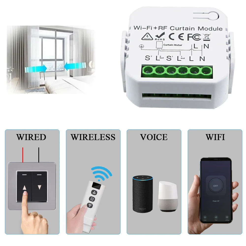 Tedeligo-Tuya Interrupteur de volet roulant connecté WiFi et RF, module de commutation de rideau domotique intelligent, télécommande sans fil portée