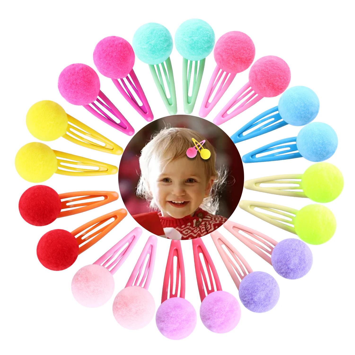 20pcs Candy Colorful Pom Pom Hair Clips Lined Sanp Clips Small Cute Puffy Hair Ball Barrettes Fuzzy Pompoms Hair Accessories Kid