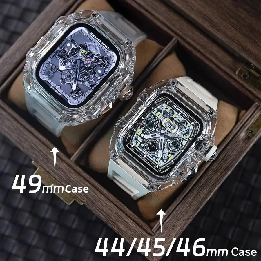 Fit For Apple Watch Ultra1/2 SE Series Super Clear FKM Watch Strap With Richard Transparent Shell Mod Case And Deployand Buckle