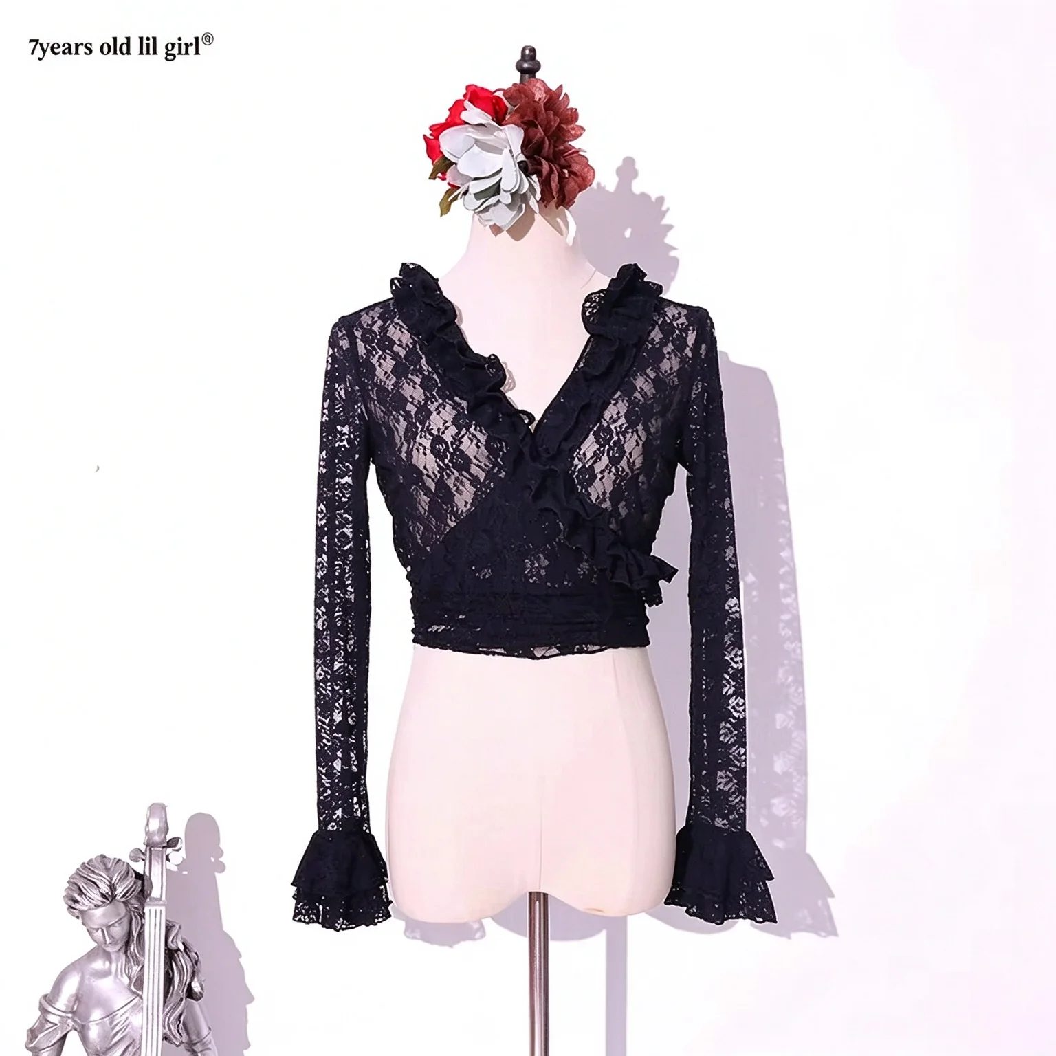 7Years Old Lil Girl 2025 Black Flamenco Workout Jacket With Lace Ruffle Sleeve Top EUU18