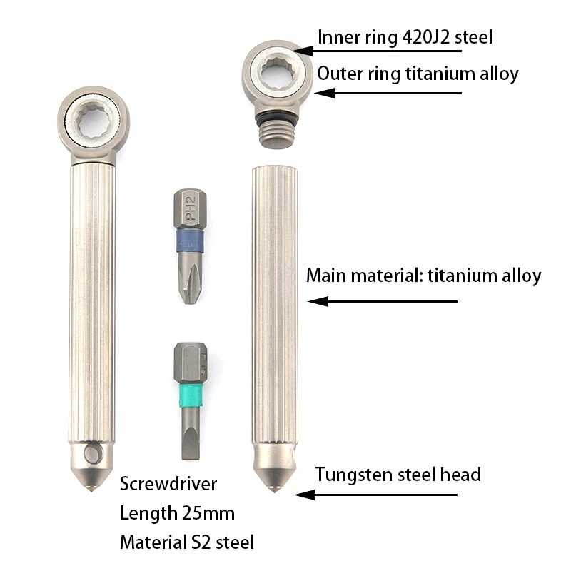 Titanium Alloy Brass Modular Screwdriver Ratchet Wheel Screwdriver With 2PCS S2 Bit EDC Riding Equipment Tungsten Head Gadget