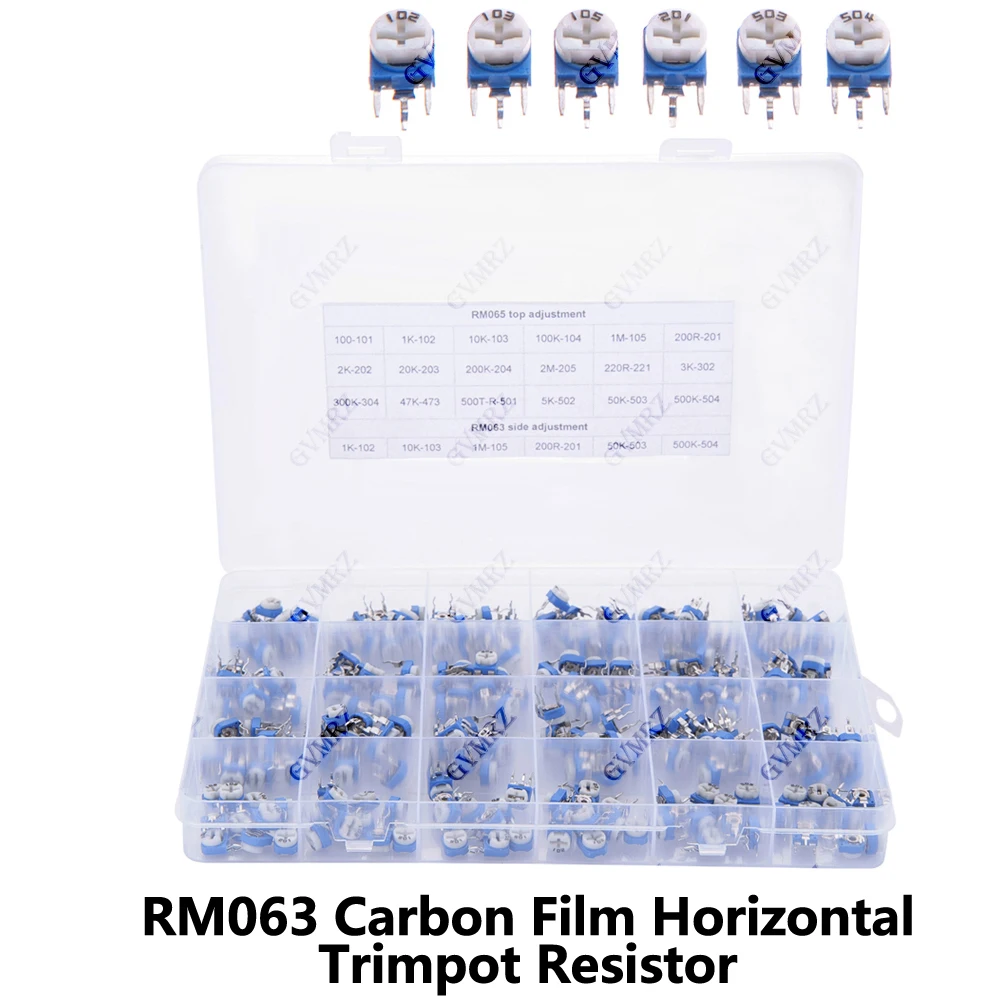 240PCS RM065 100R-2M 24Values*10PCS RM063 Carbon Film Horizontal Trimpot Potentiometer Assortment Kit Variable Resistor NEW 50K