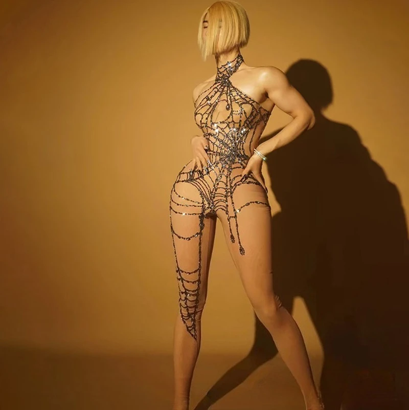 Sexy Rhinestones Spider Web Chain Personalized Sexy Onesie Concert Pole Dancer Performance Suit Fashion Club Suit Women