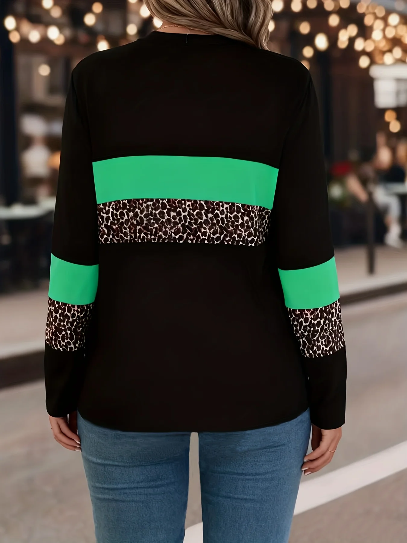 Elegantes Farbblock-T-Shirt in Übergröße, bedruckt, Rundhalsausschnitt, lässiges T-Shirt, perfekte Wahl für Frühling und Herbst, Kleidung in Übergröße.