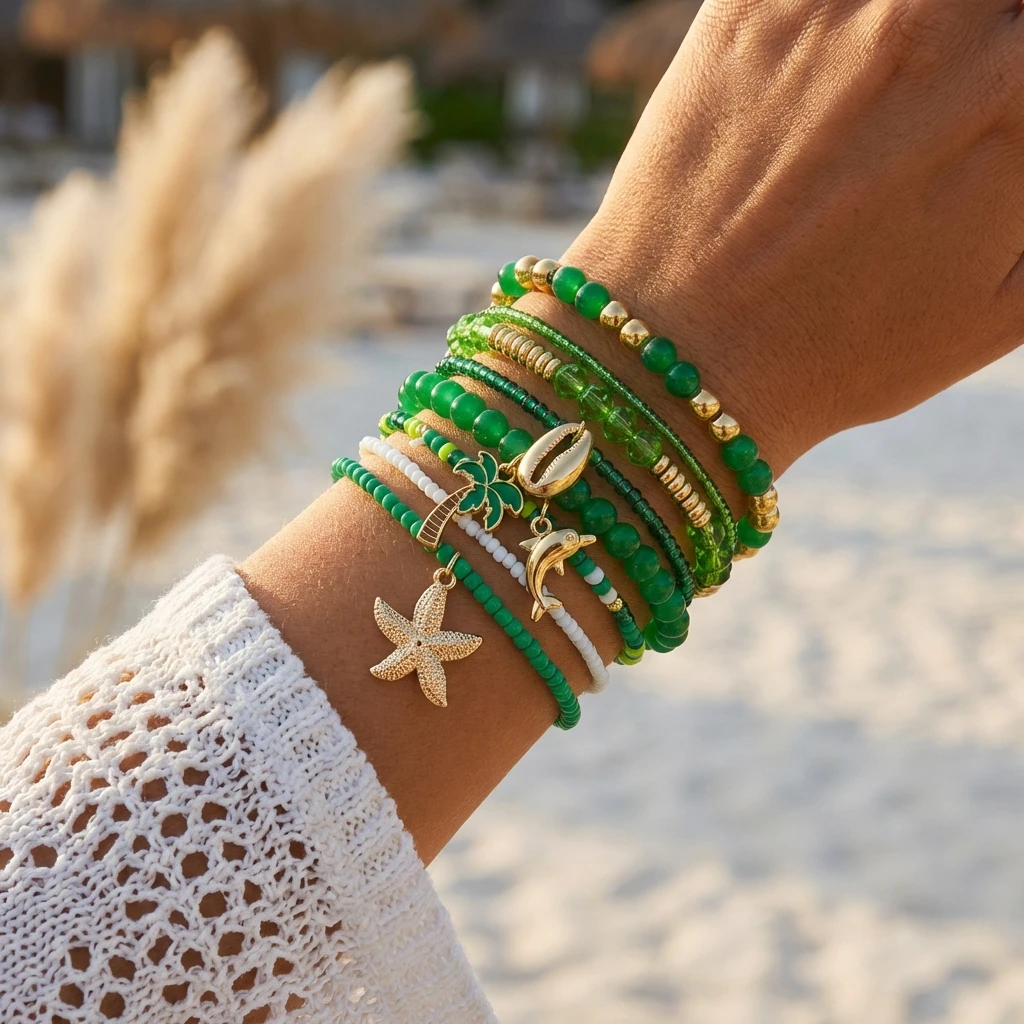 Bracelet Set Vacation Beach Starfish Dolphin Shell Palm Tree 8Pcs Summer Wristband
