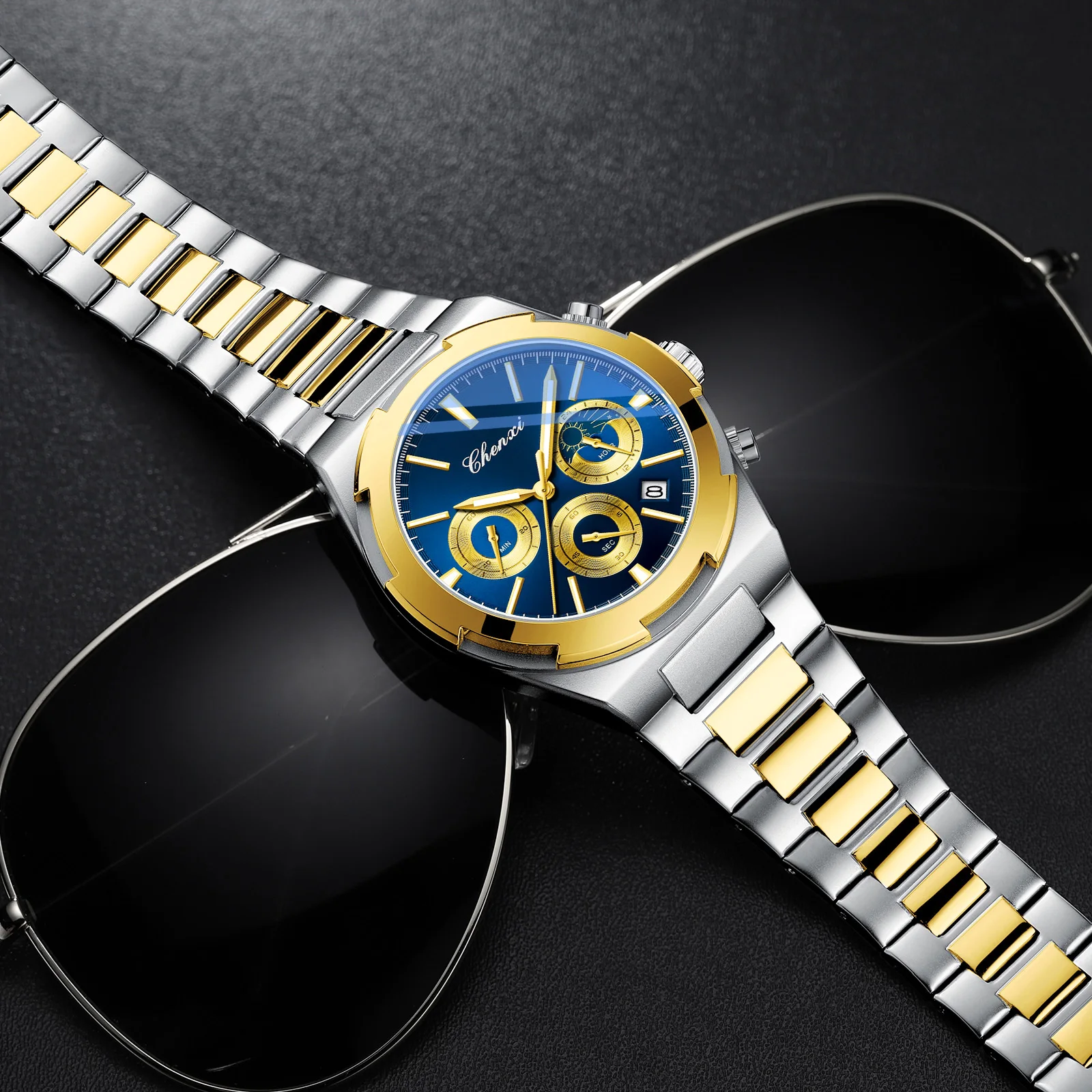 Luxury Men's Business Watches Stainless Steel Calendar Chronograph Fashion Sports Quartz Watch CHENXI Man Gold Wristwatch