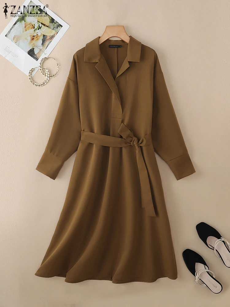 ZANZEA-Vestido camisero elegante de otoño para mujer, vestidos de oficina para mujer, Vestido veraniego elegante de manga larga con solapa, Vestido de trabajo OL liso con cinturón, 2025